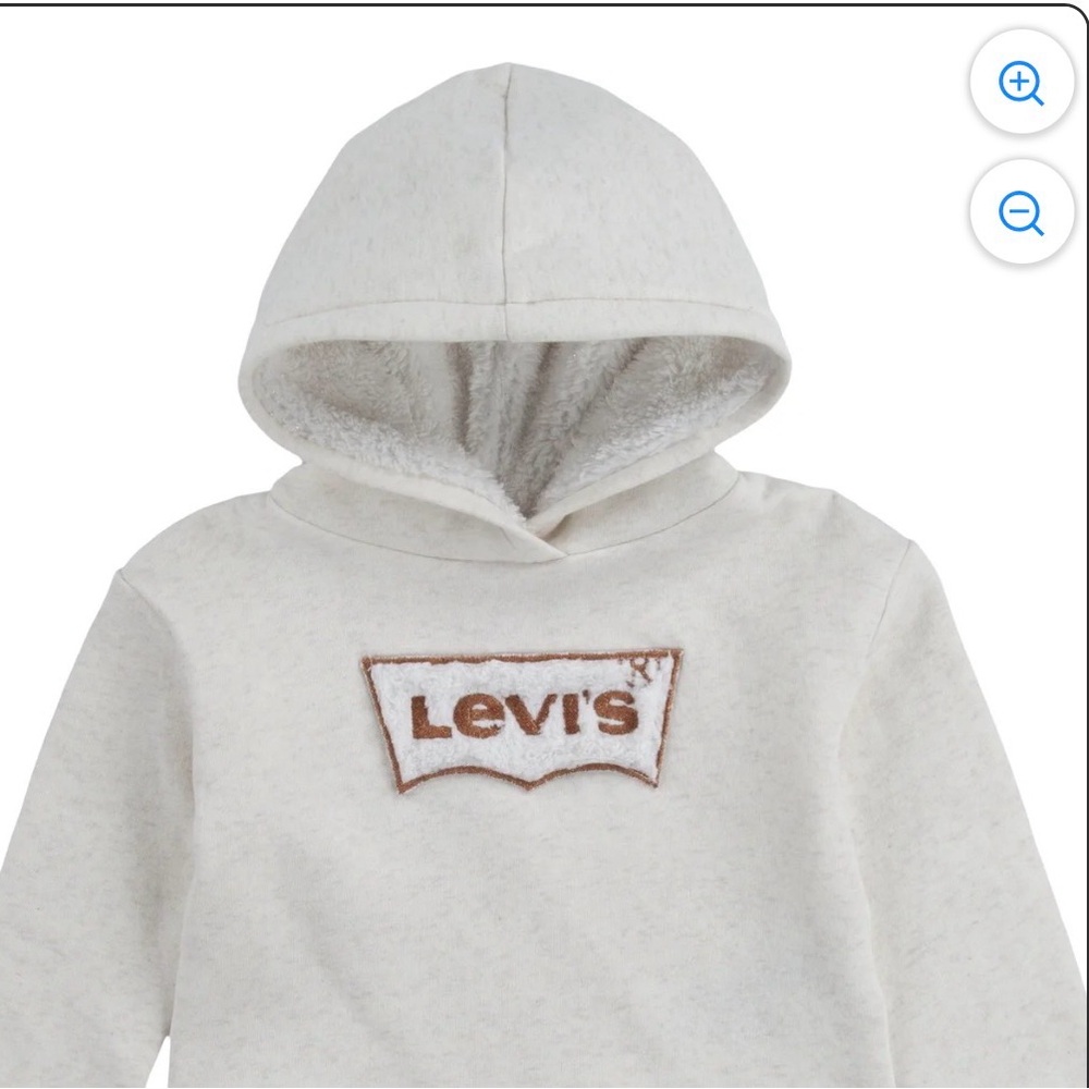 Levi's Logo on Kids Size Cream Long Sleeve Sherpa Hoodie High Rise  unisex